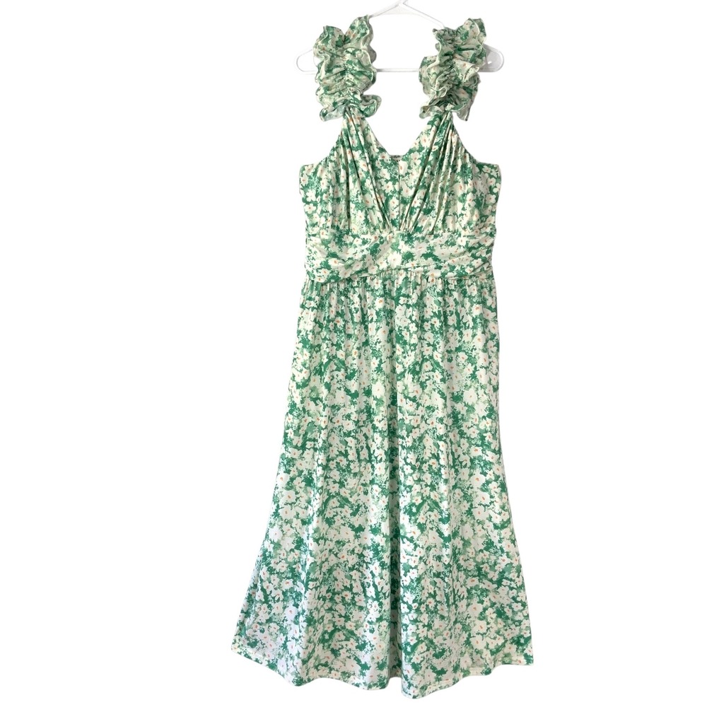 Grace Karin Green Floral Midi Dress XL Pullover V-Neck Sleeveless Ruffle Straps